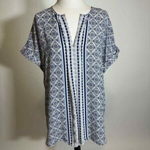 Max Studio Blue/White Boho Floral Print Short Sleeve Blouse Womens Size Medium M